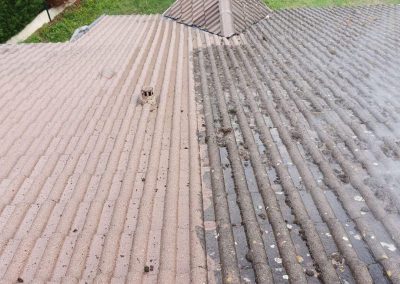 Résultat flagrant avant et après le nettoyage et le démoussage d'une toiture en tuiles à Saône.